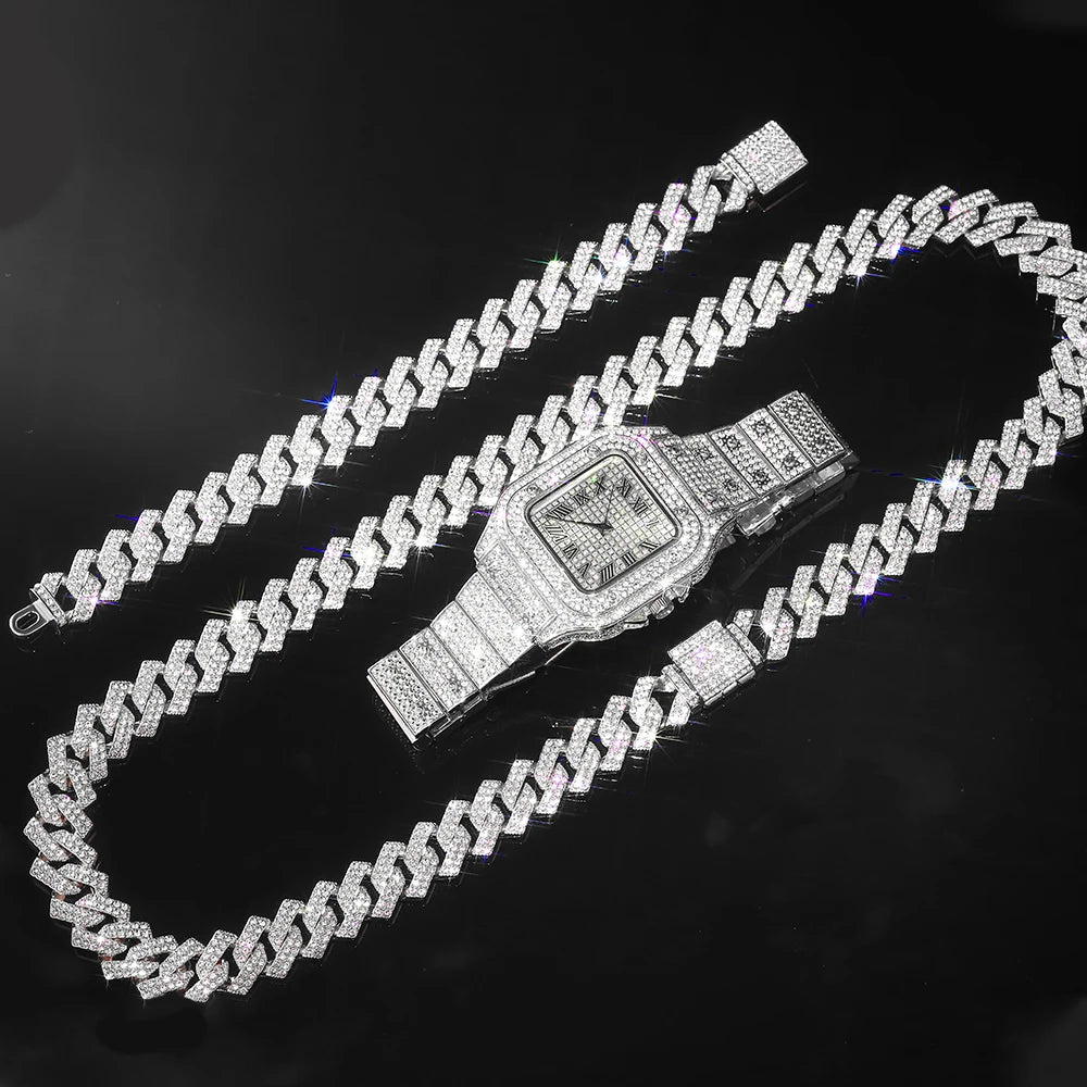 Gold Color Cuban Chain Watch & Bracelet Set – Hip Hop Iced Out Bling Jewelry for Men - Image 8