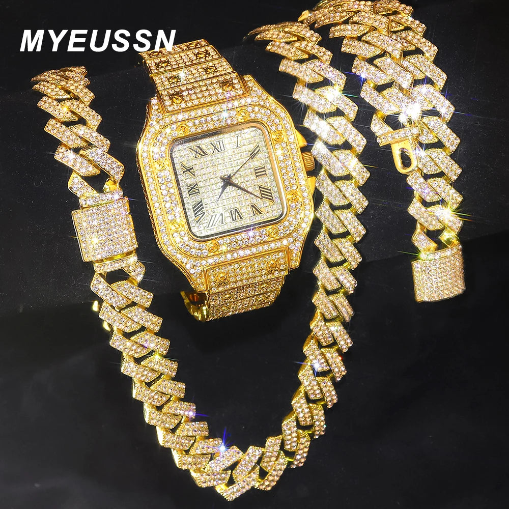 Gold Color Cuban Chain Watch & Bracelet Set – Hip Hop Iced Out Bling Jewelry for Men