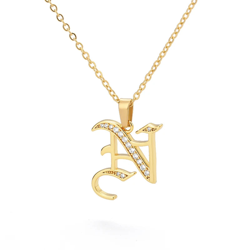 Gothic Zircon Old English Initial Necklace – A–Z Crystal Letter Pendant on Stainless Steel Chain - Image 28