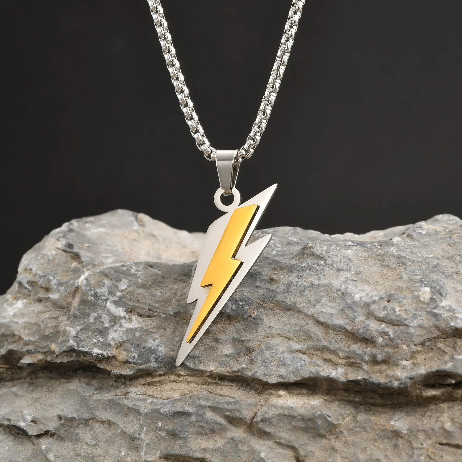 Trendy Lightning Pendant Necklace – Two-Tone Stainless Steel Chain for Men
