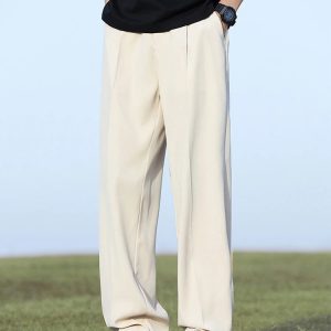 Summer Korean Men's Pants Light&Thin Polyester Elastic Waist Semi-Wide Loose Slacks Drape Suit Pants Male Casual Trousers
