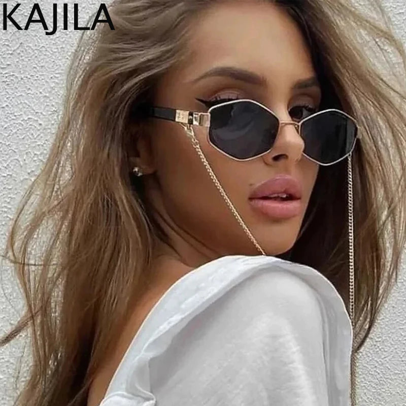 Sexy Hexagon Sunglasses with Chain – 2025 Luxury Designer Punk Shades for Women - Image 2