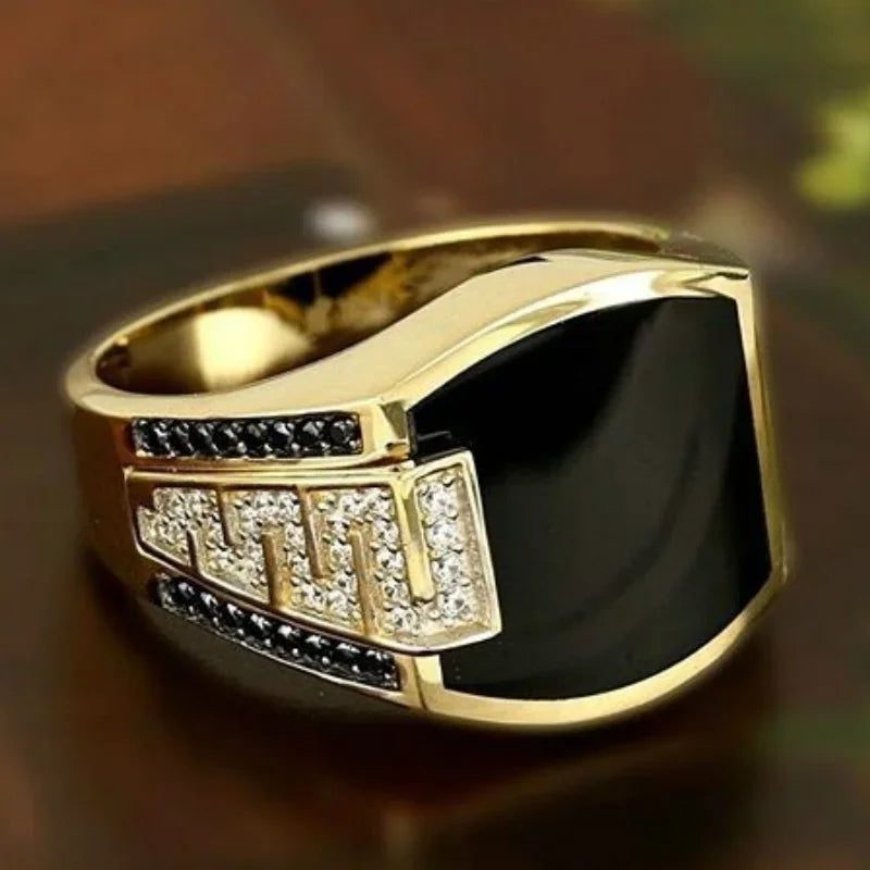 Classic Men’s Gold Color Ring – Inlaid Black Stone Punk Zircon Ring for Engagement & Wedding - Image 2