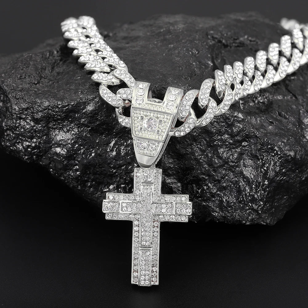 Men & Women Shiny Cross Pendant Necklace with Miami Cuban Chain Link - Image 6