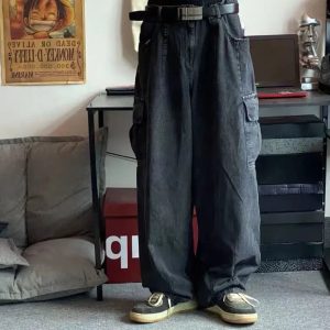 Baggy Jeans Men's Oversize Cargo Korean Black Wide Pants Streetwear Hip Hop Harajuku Male Fashion Straight Denim Pants