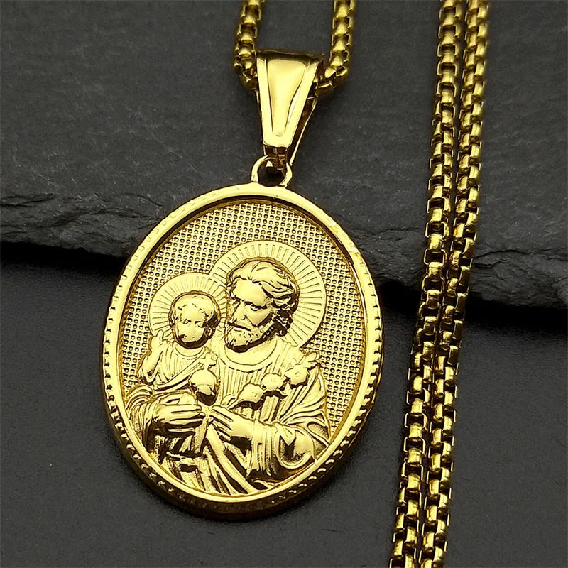 Saint Joseph Religious Medal Necklace – Gold Color Stainless Steel Christian Amulet for Men & Women - Image 5