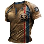 Men’s 3D Letter Stripe Print Henley Shirt – Casual Oversized Vintage Summer Tee