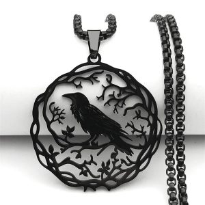 Hollow Crow & Raven Pendant Necklace – Black Stainless Steel Unisex Knight-Inspired Jewelry