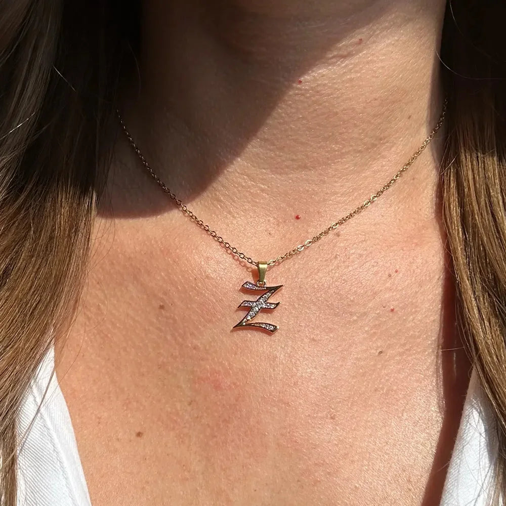 Gothic Zircon Old English Initial Necklace – A–Z Crystal Letter Pendant on Stainless Steel Chain - Image 2
