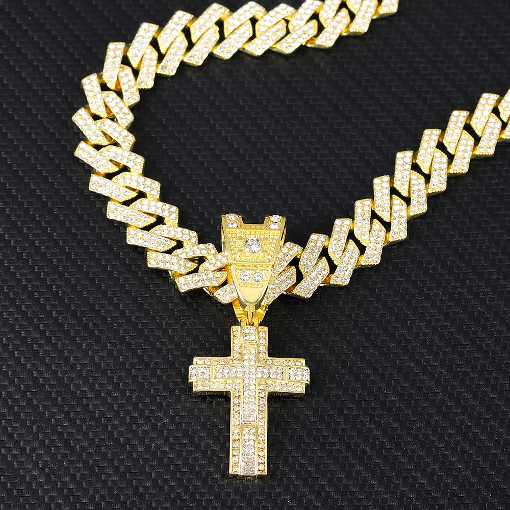 Men & Women Shiny Cross Pendant Necklace with Miami Cuban Chain Link - Image 4