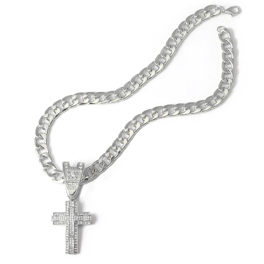 Men & Women Shiny Cross Pendant Necklace with Miami Cuban Chain Link - Image 7