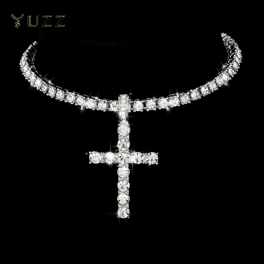 Hip Hop Iced Out Cross Pendant Necklace with 4mm Zircon Tennis Chain