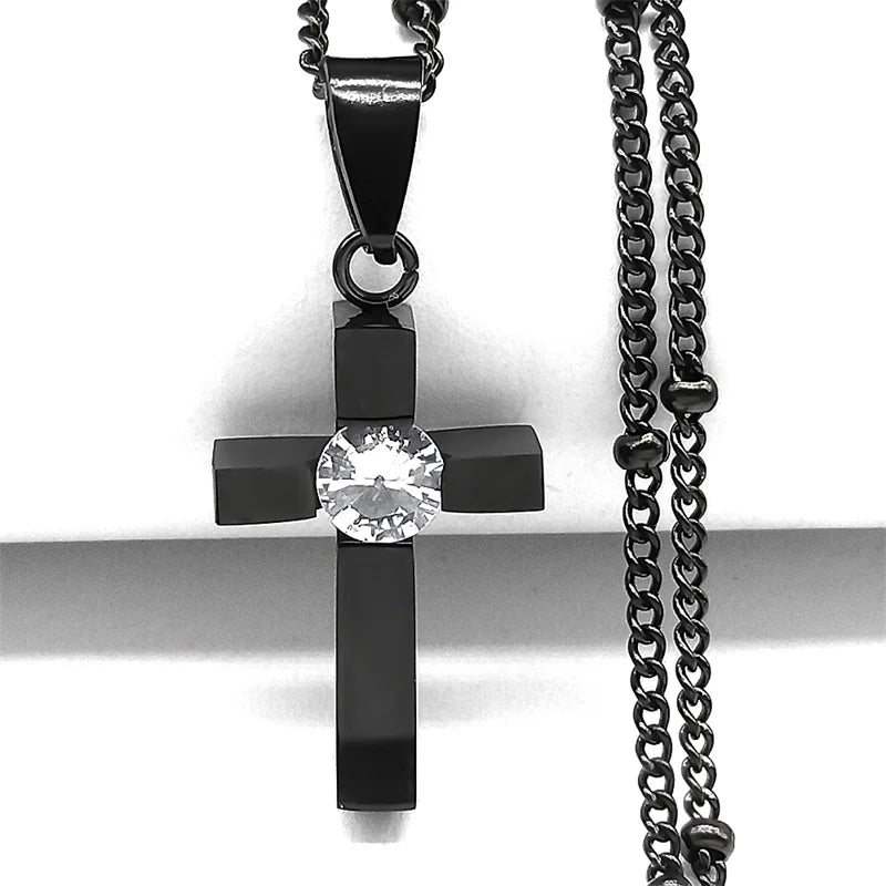 Hip-Hop Cross Rhinestone Pendant Necklace – Black Stainless Steel Religious Amulet for Men & Women - Image 6