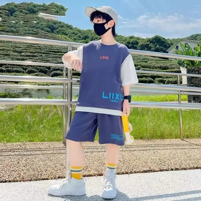 Junior Boys Summer Suit Children's Fashion Patchwork Short Sleeve Shorts Sports Suit Clothing 3-14Y Trend - Image 5