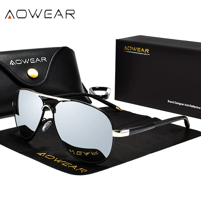 AOWEAR Men's Aviation Sunglasses – Polarized HD Pilot Mirror Shades for Driving