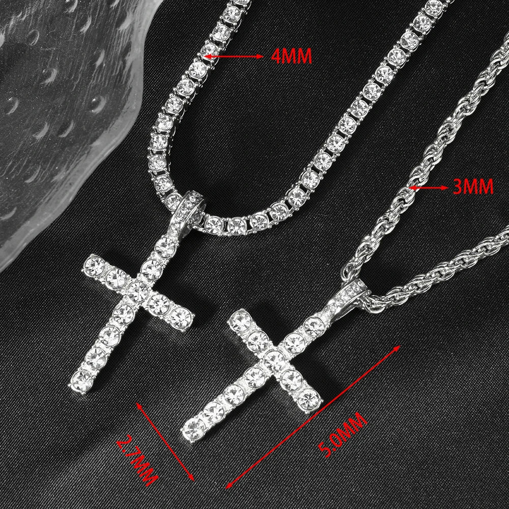 Hip Hop Iced Out Cross Pendant Necklace with 4mm Zircon Tennis Chain - Image 2
