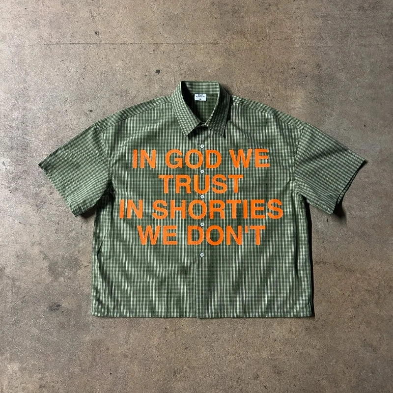 Y2K Plaid "Trust God" Graphic Shirt – Unisex Retro Hip-Hop Streetwear Tee - Image 5