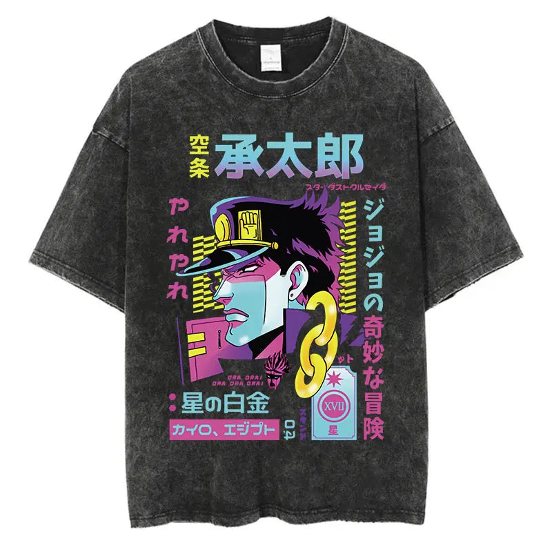 Vintage Washed TShirt Men Summer Hip Hop Streetwear T-shirt JoJo Bizarre Adventure Anime Print Cotton Casual Short Sleeve Tshirt