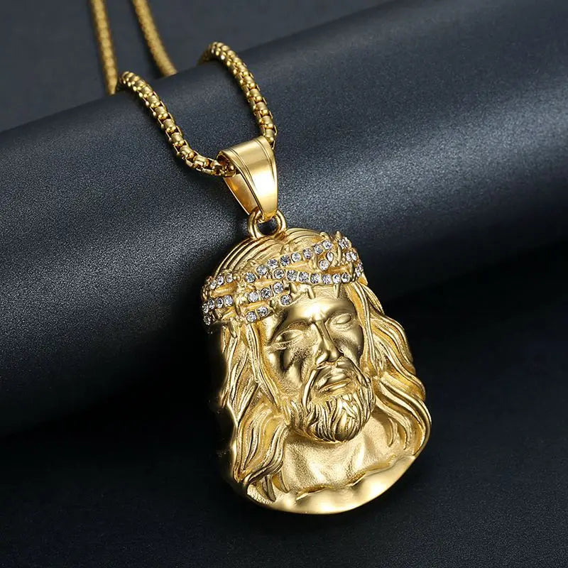 Gold-Plated Jesus Head Pendant Necklace – Stainless Steel Titanium Hip-Hop Chain for Men & Women - Image 3