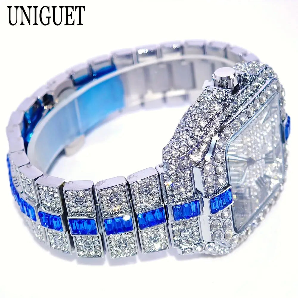 UNIGUET Full Diamond Iced-Out Watch – Square Quartz Hip Hop Wristwatch for Men - Image 2