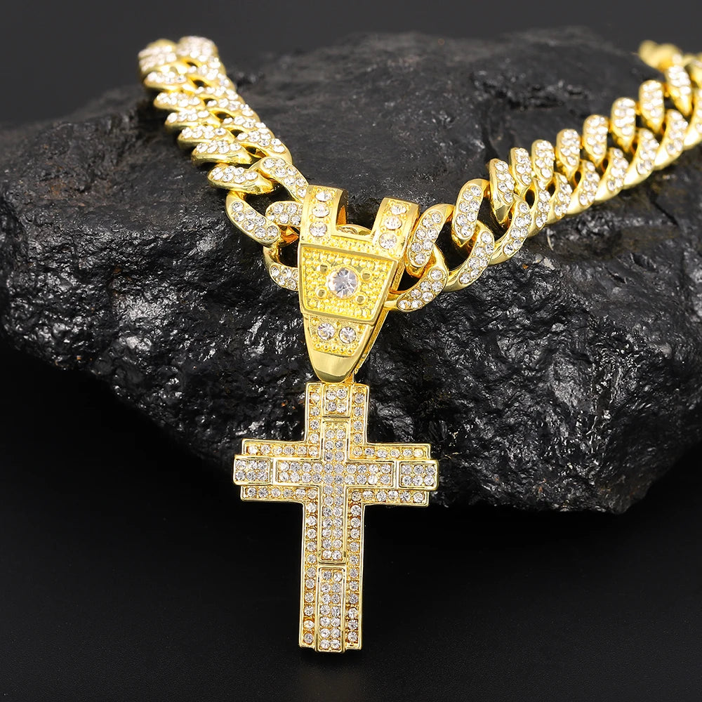 Men & Women Shiny Cross Pendant Necklace with Miami Cuban Chain Link - Image 10