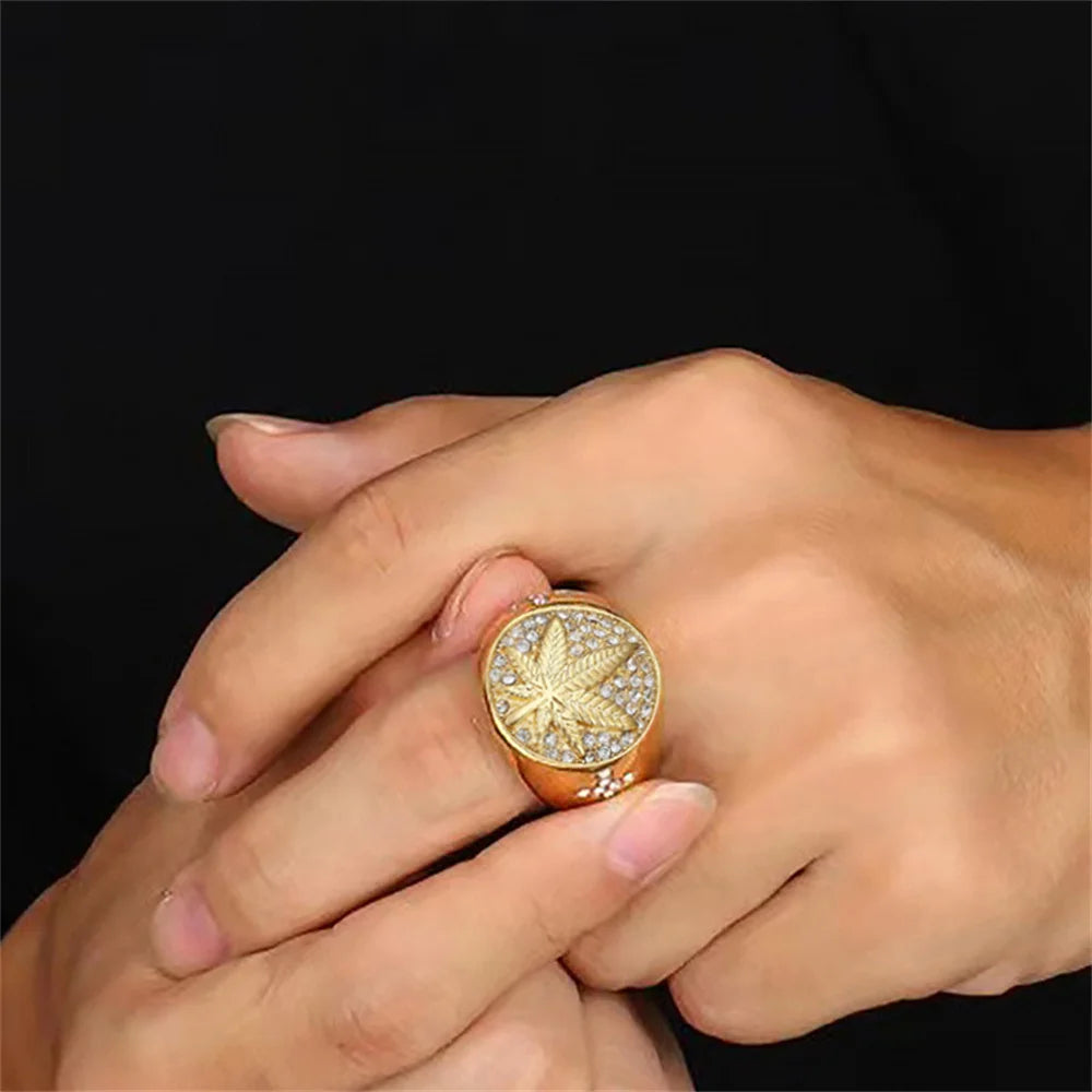 Hip Hop Iced Out Hemp Leaf Ring – Gold Stainless Steel Bling Ring for Men - Image 2