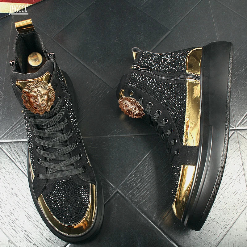 Luxury Rhinestone Men’s High-Top Sneakers – Hip Hop Zipper Boots with Elastic Sole (Model A6)