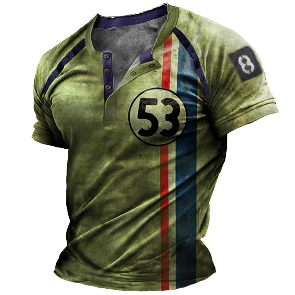 Men’s 3D Letter Stripe Print Henley Shirt – Casual Oversized Vintage Summer Tee - Image 3